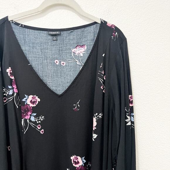 [Torrid] Black Floral Print Challis Trapeze Mini Dress V-Neck A-Line Size 4X - Picture 7 of 10
